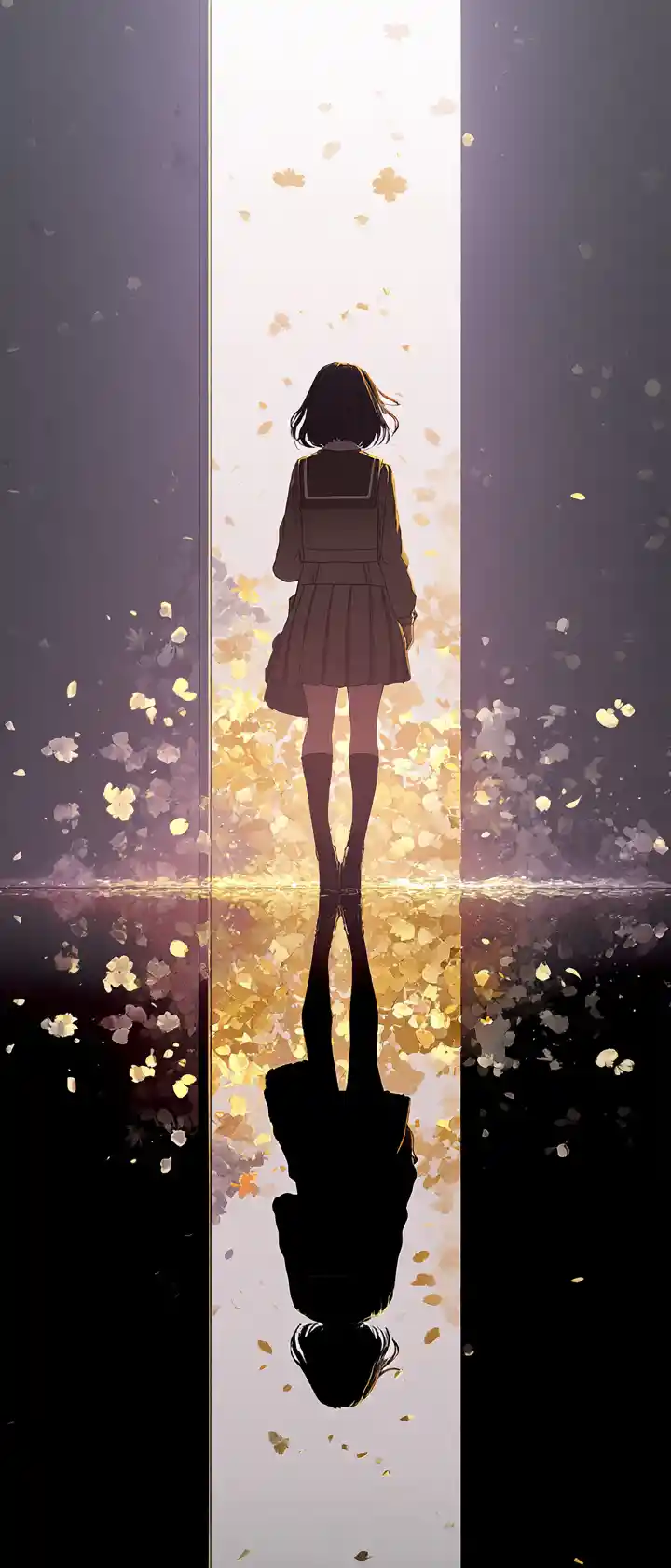 Anime girl divided between monochrome past and colorful future