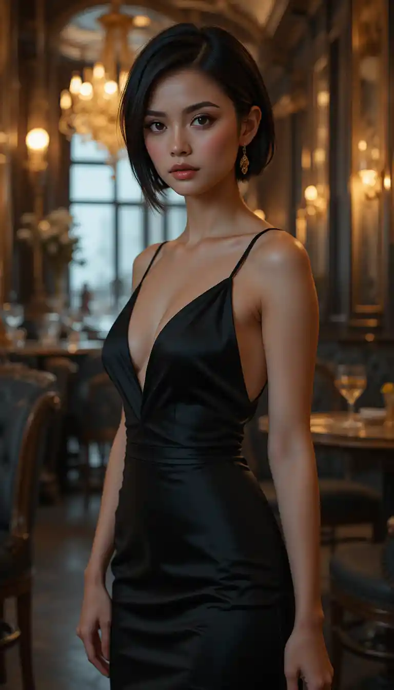 Elegant woman in black silk dress at cocktail lounge