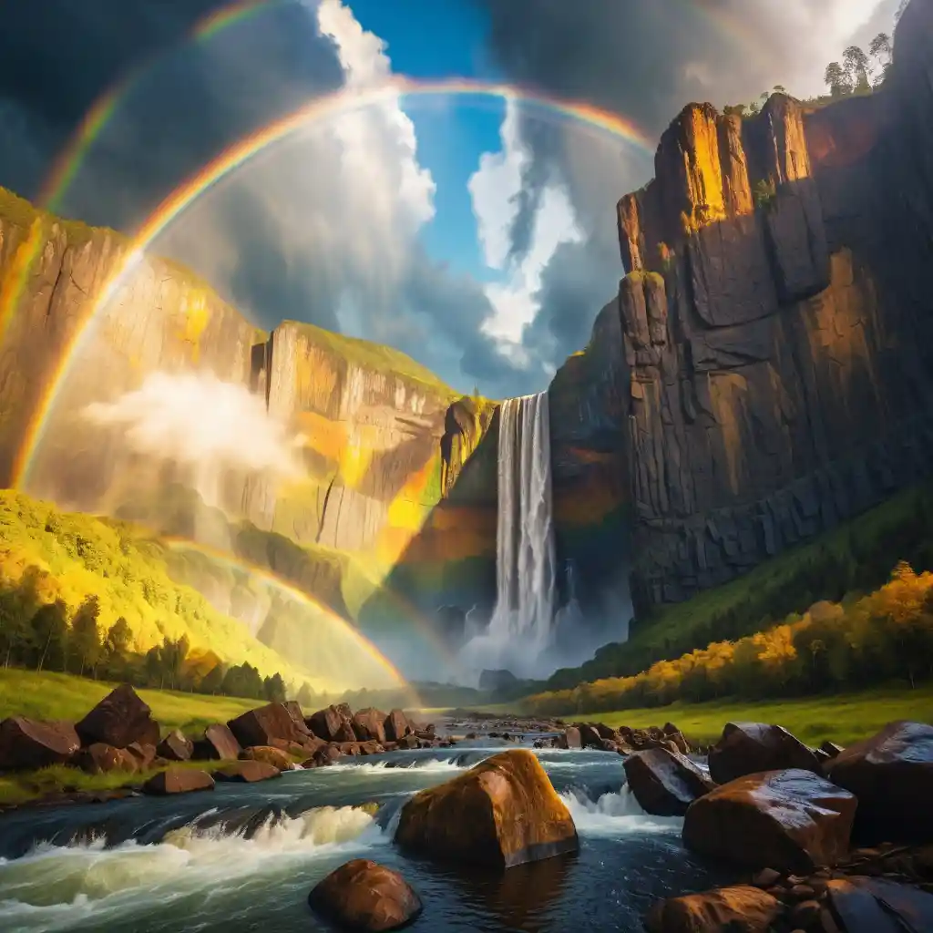 Sunlit rainbow over towering cliffs and waterfalls