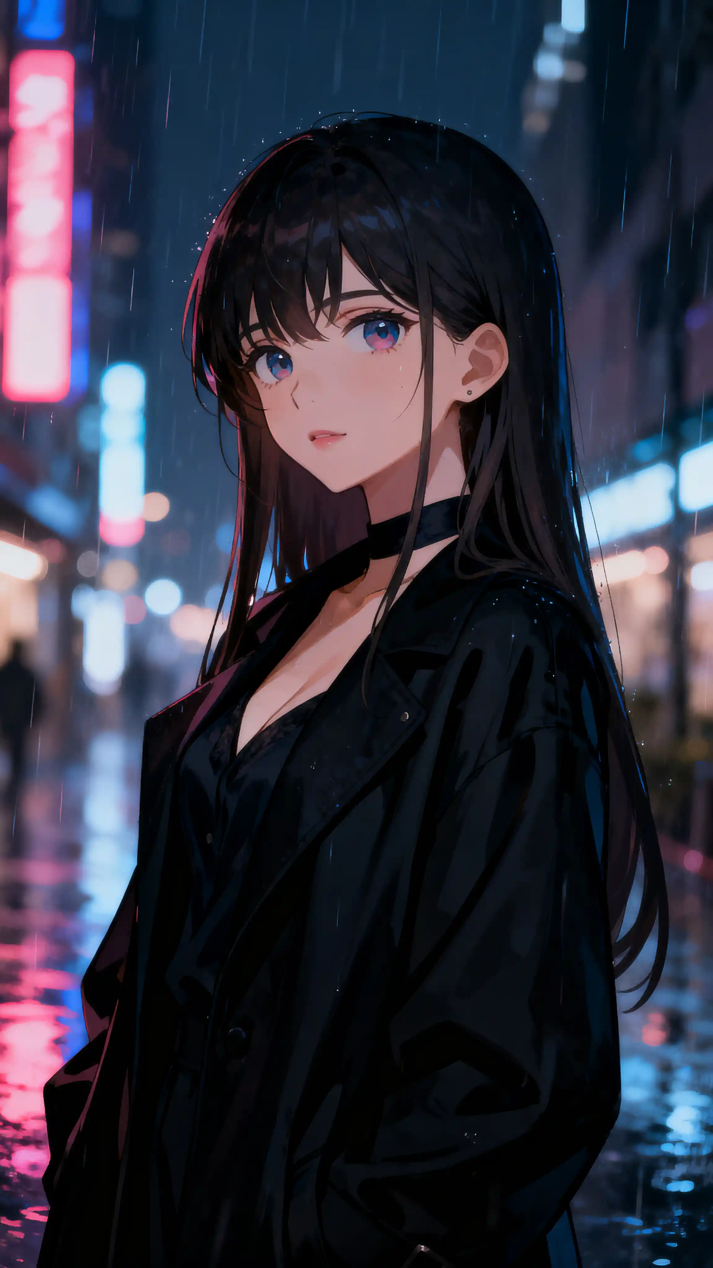 Anime girl in black jacket on rainy neon city street