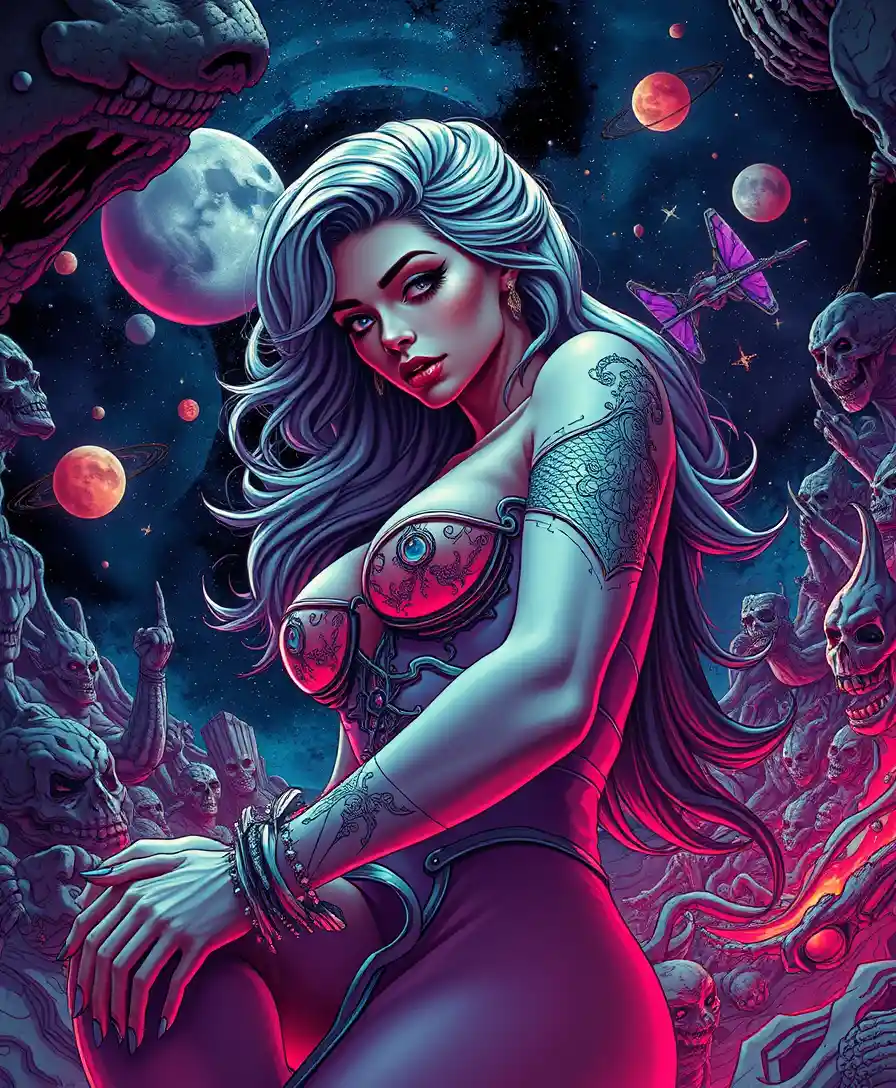 Surreal fantasy woman with elegant curves in deep space