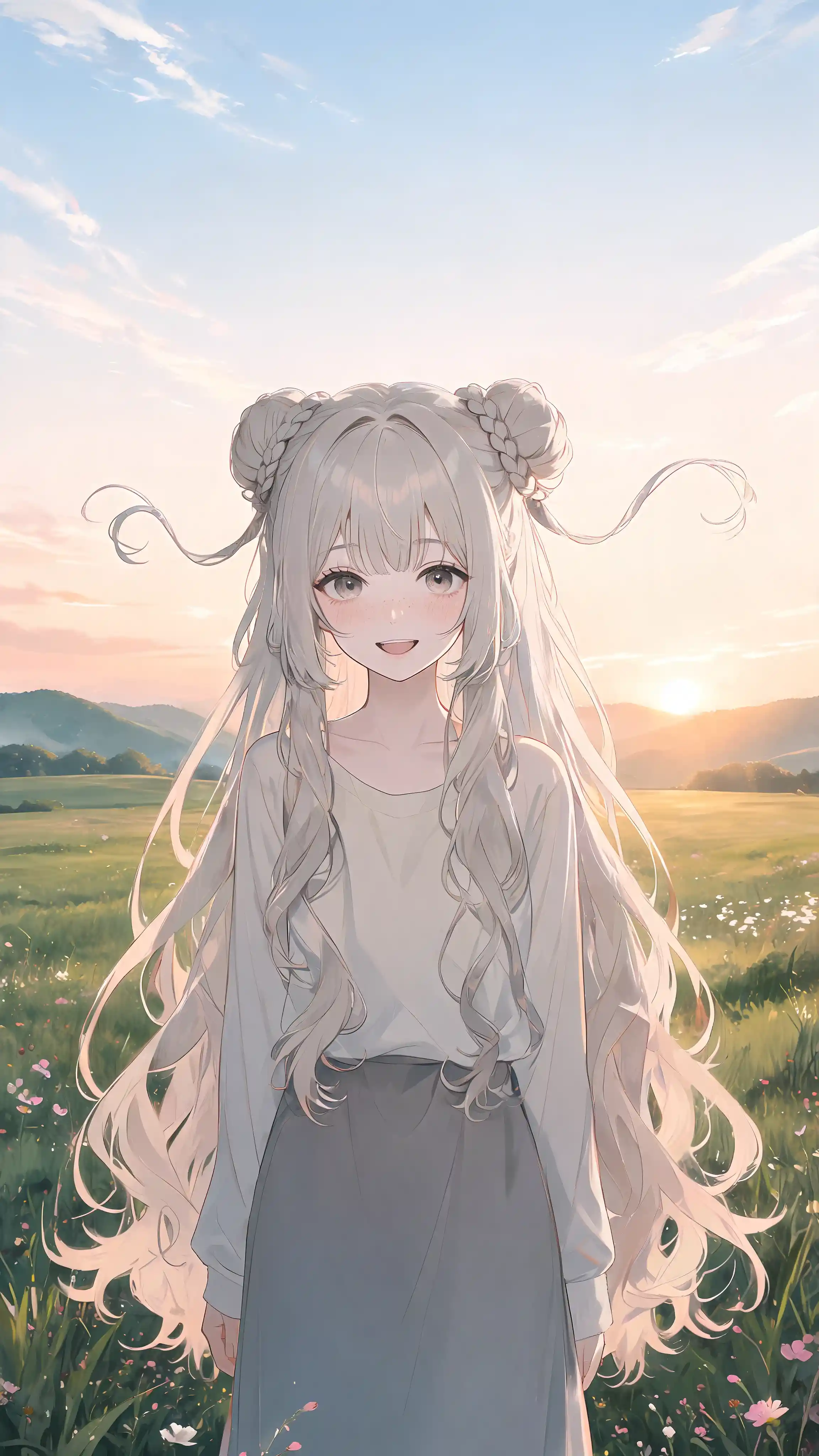 Anime girl with flowing red hair at sunrise outdoors