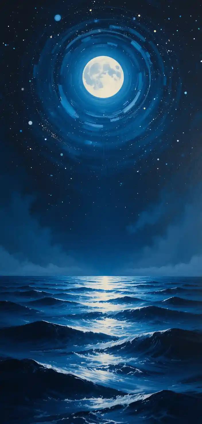 Navy calligraphy over a moonlit ocean and starry sky
