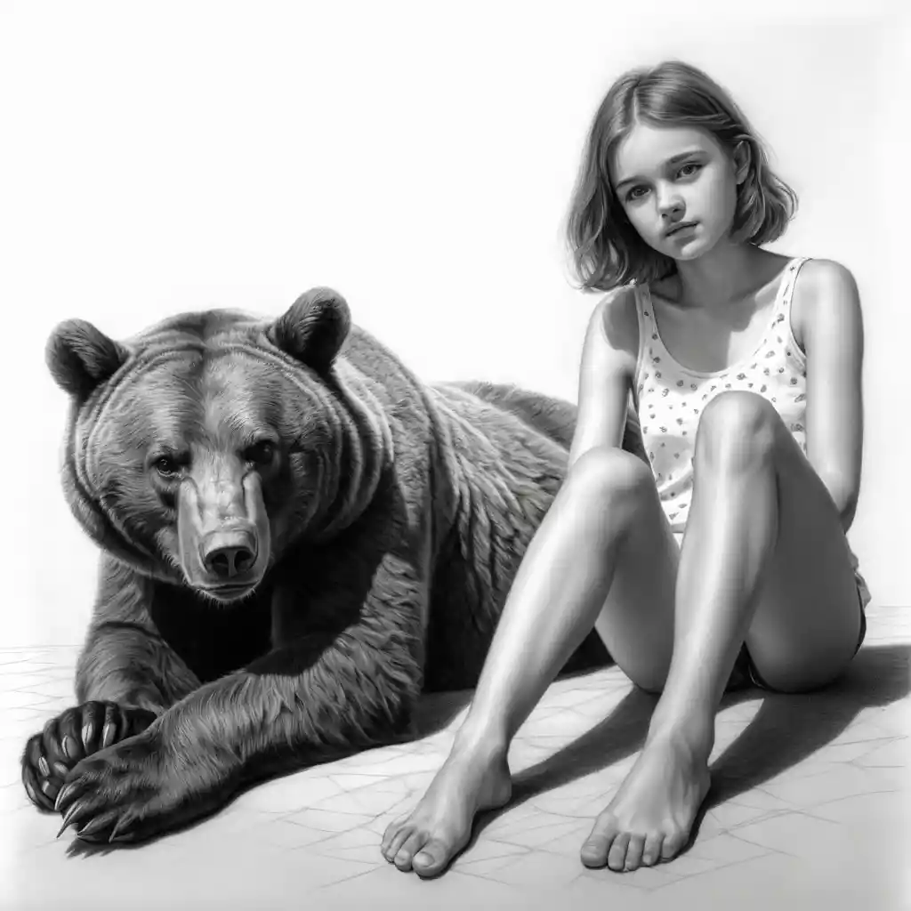Young girl lying on her back in graphite drawing