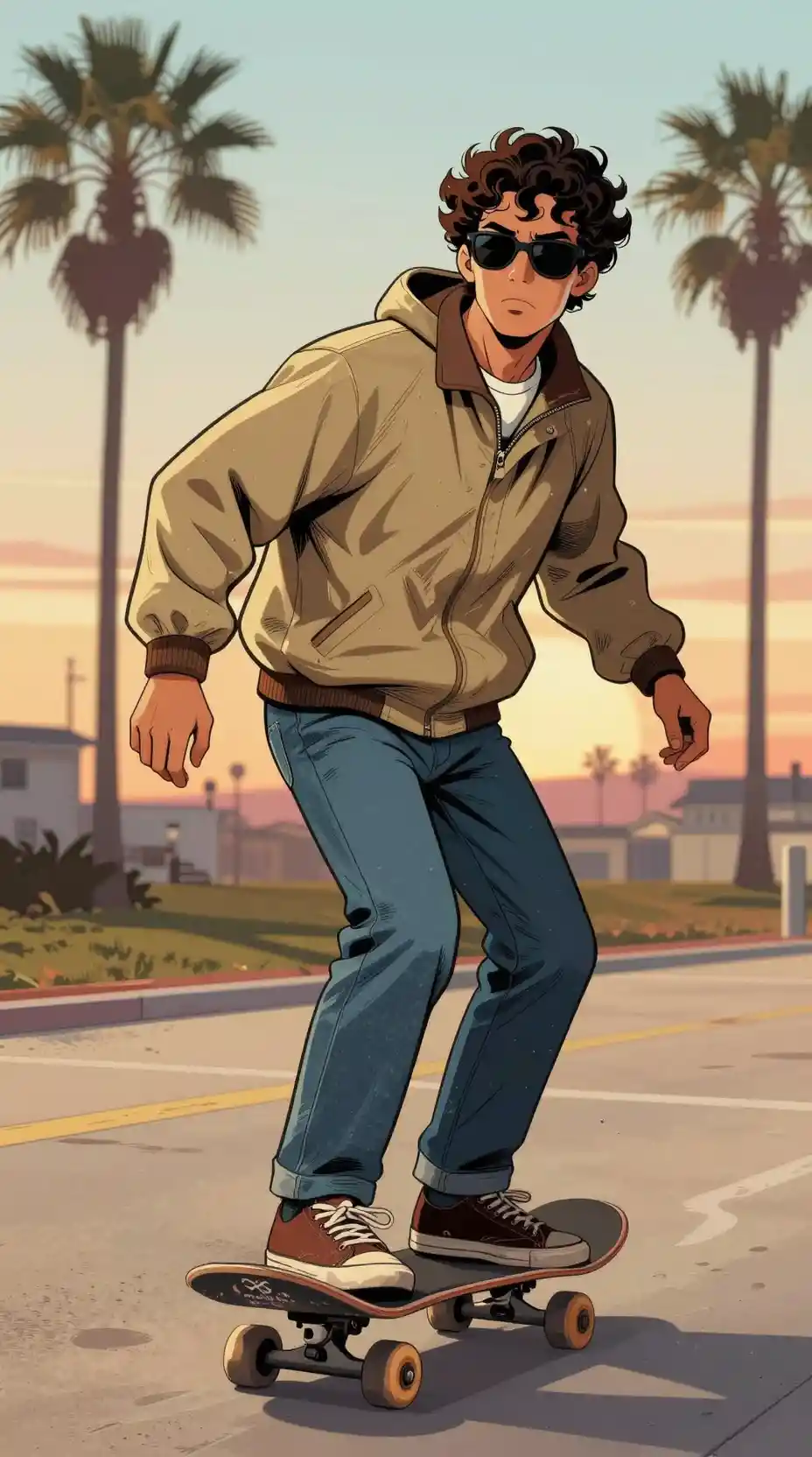 Young skateboarder on Venice Beach boardwalk at sunset