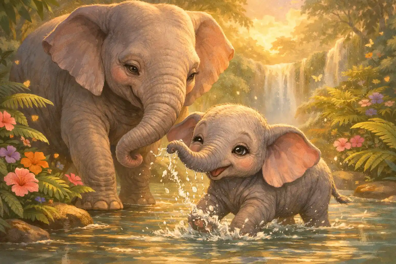 Mother elephant and baby calf in a warm jungle river