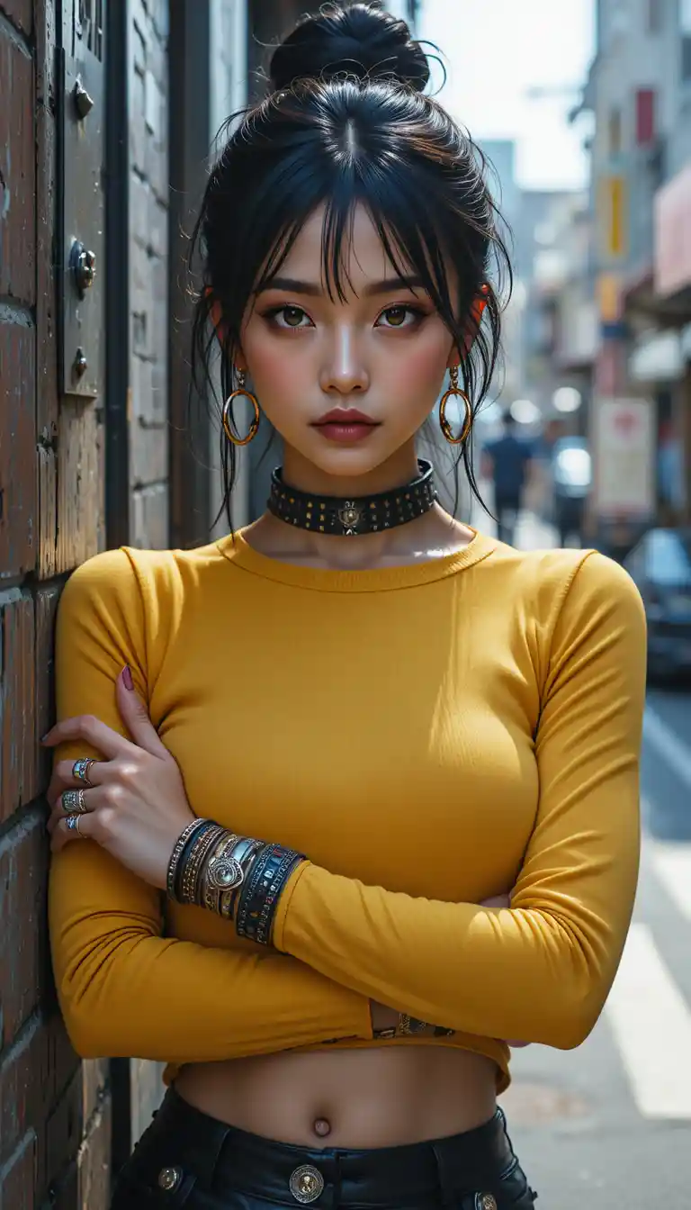 Confident Japanese woman with golden eyes in urban alley