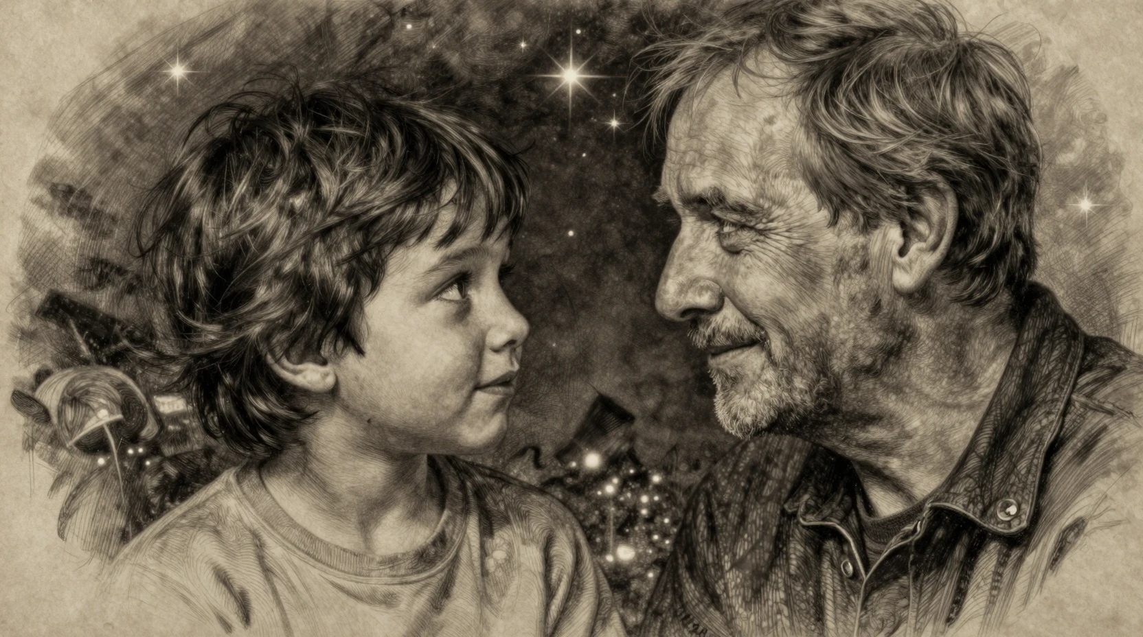 Dual portrait of child and older man in cinematic light