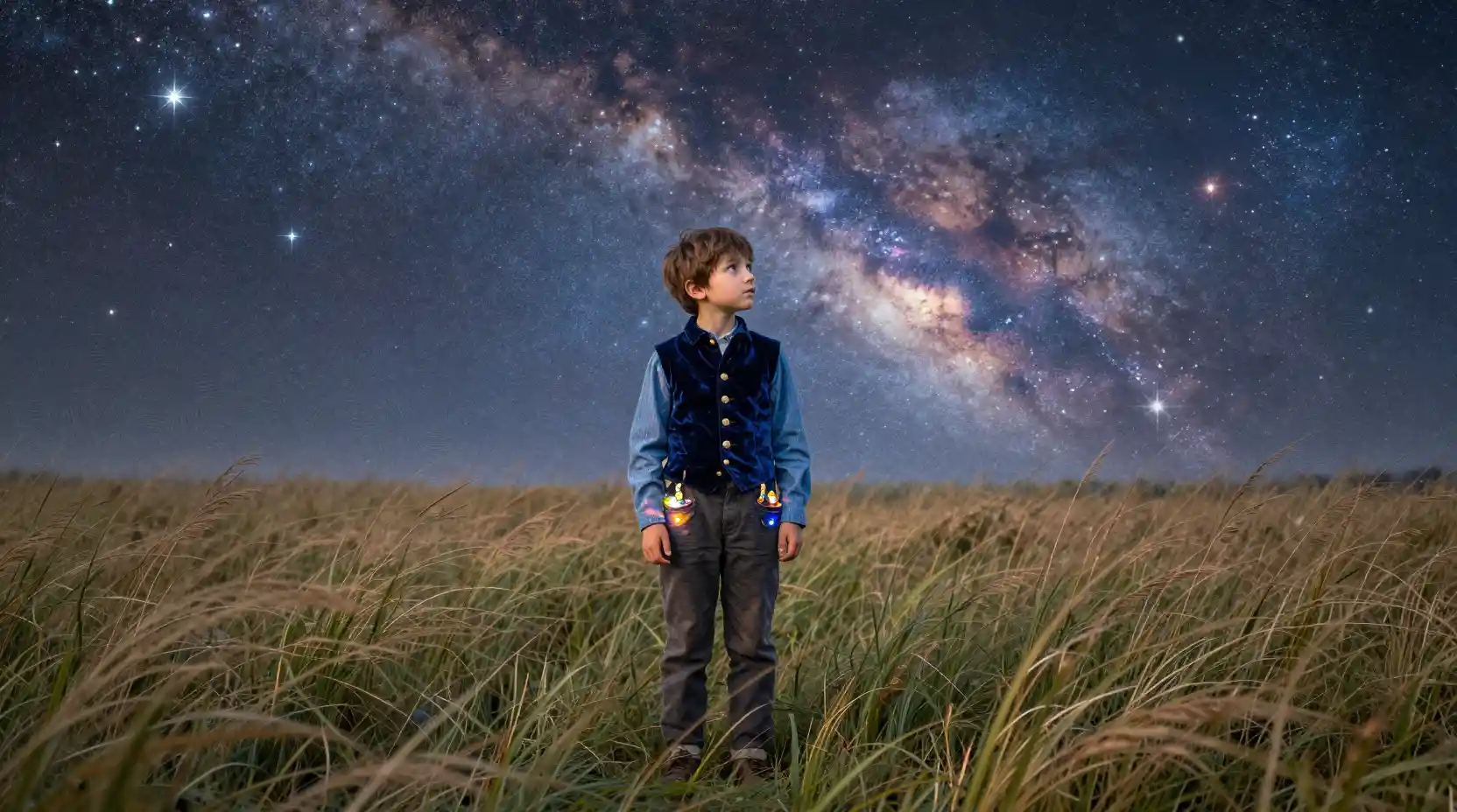 Young boy in a starlit meadow under a swirling sky