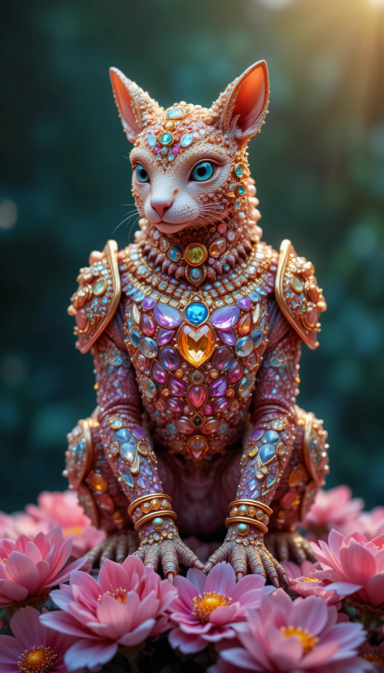 Gem encrusted fantasy beetle on vibrant pink and yellow flowers