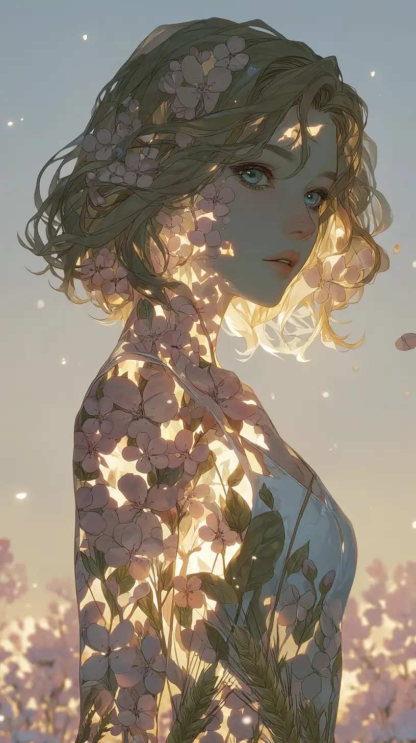 Surreal floral woman merging spring blossoms and summer light
