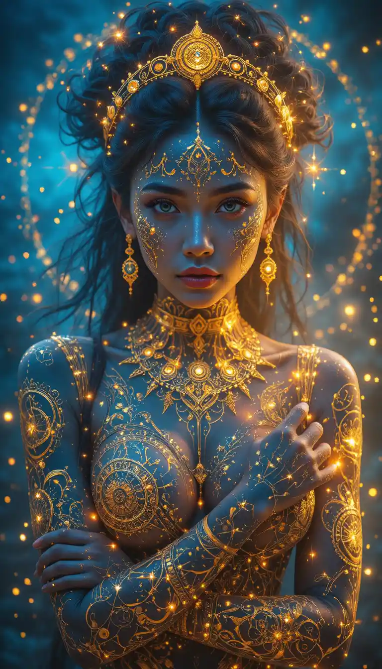 Mystical tattooed woman with celestial golden crown