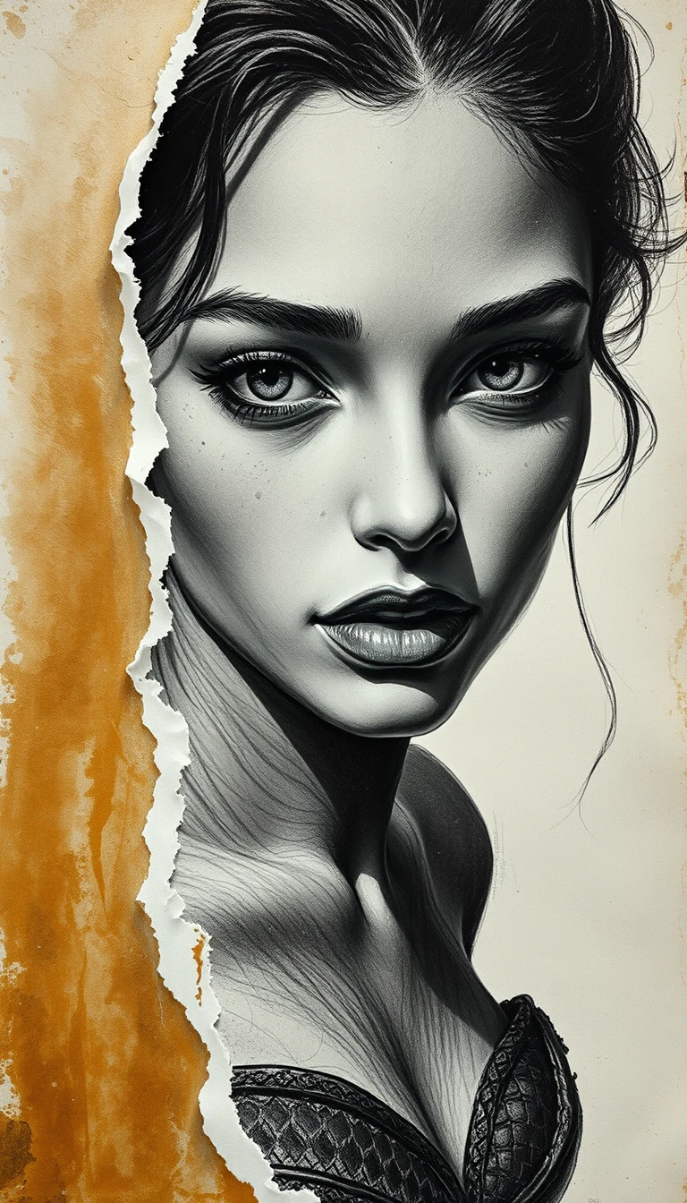 Charcoal mermaid portrait merging drawing with living flesh