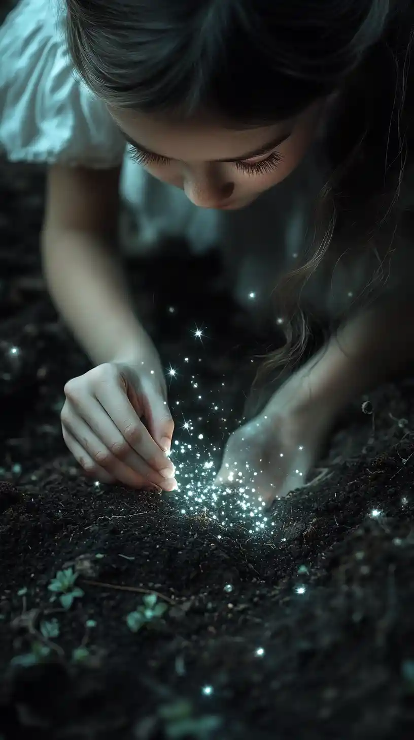 Girl Planting Glowing Stars In A Surreal Night Garden