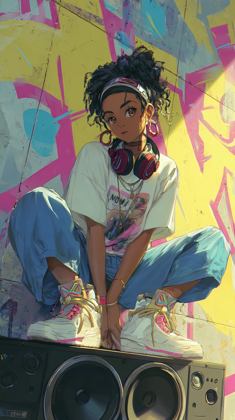 Confident anime girl on speaker with colorful graffiti wall