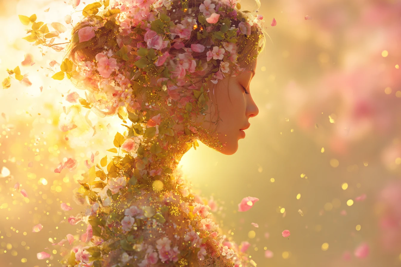 Mujer floral surrealista entre flores de primavera y luz de verano