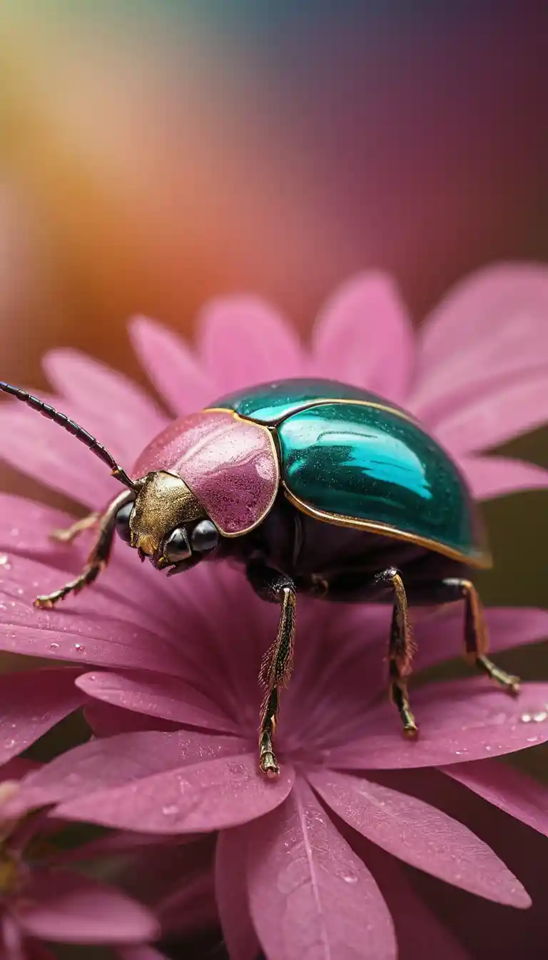 Jewel encrusted fantasy beetle on vivid pink and yellow flowers