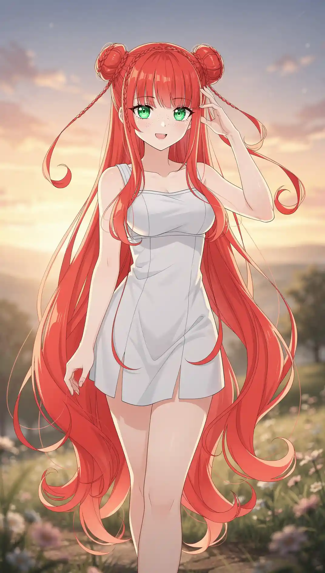 Anime girl with flowing red hair at sunrise outdoors