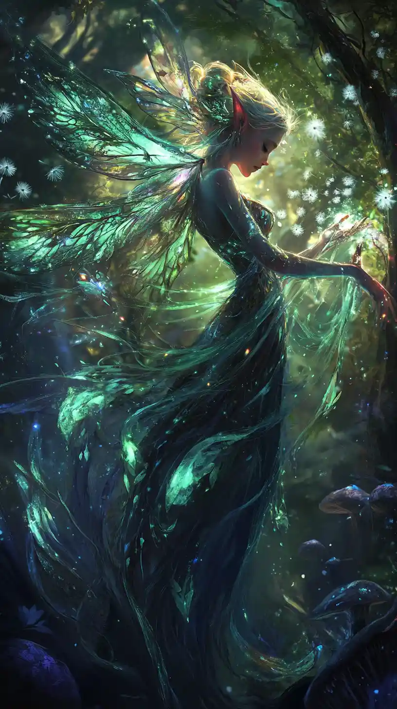 Celestial elf dancing in a glowing fantasy forest