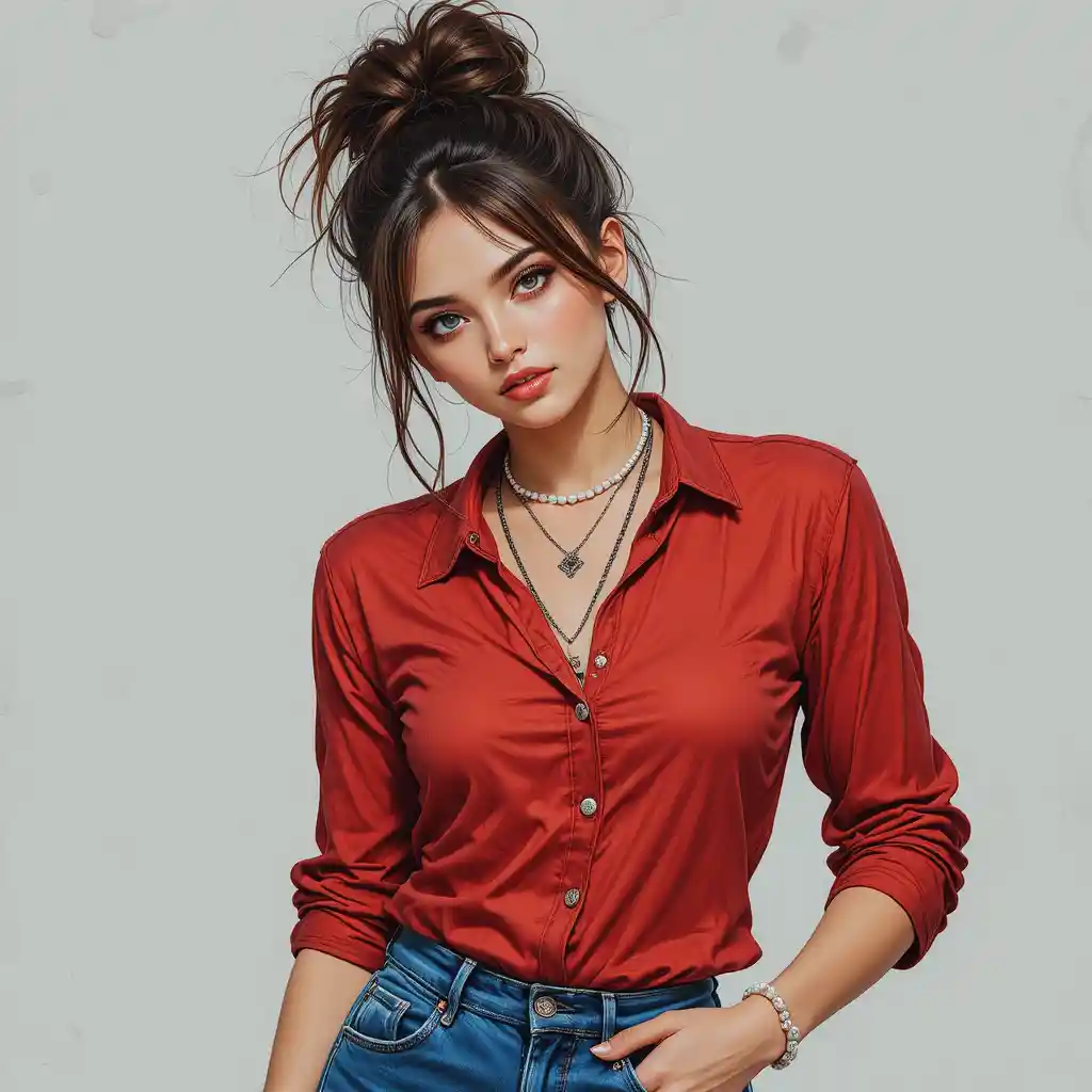 Stylish young woman in red shirt and messy bun portrait