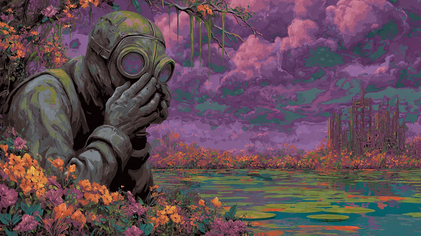 Surreal humanoid in gas mask in toxic dystopian landscape
