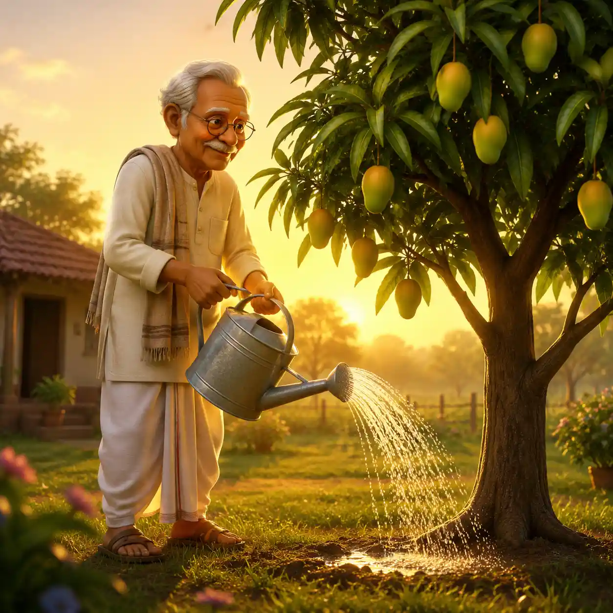 Grandfather Watering A Mango Tree At Peaceful Sunrise