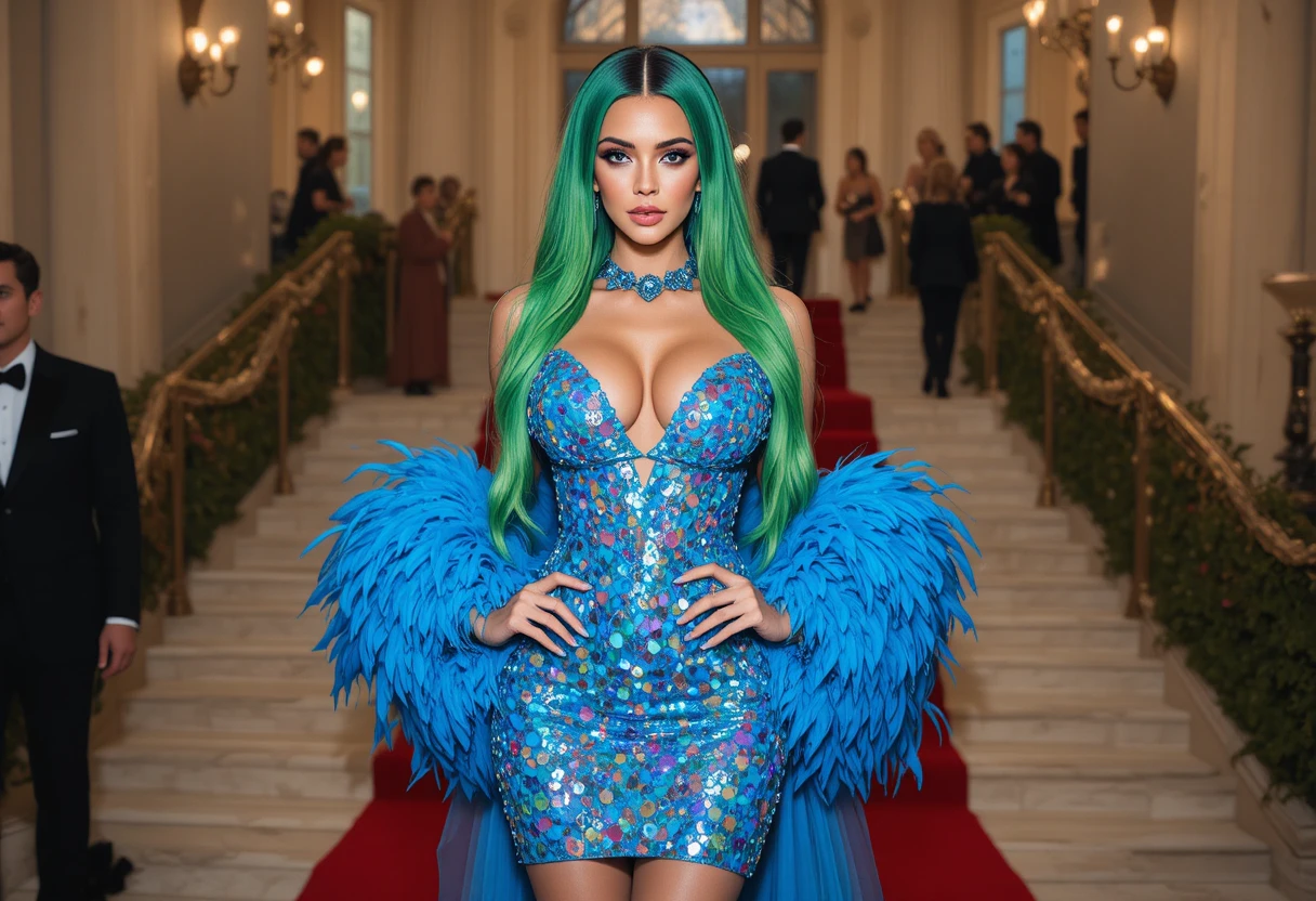 Donna glamour con abito blu di piume sul tappeto rosso