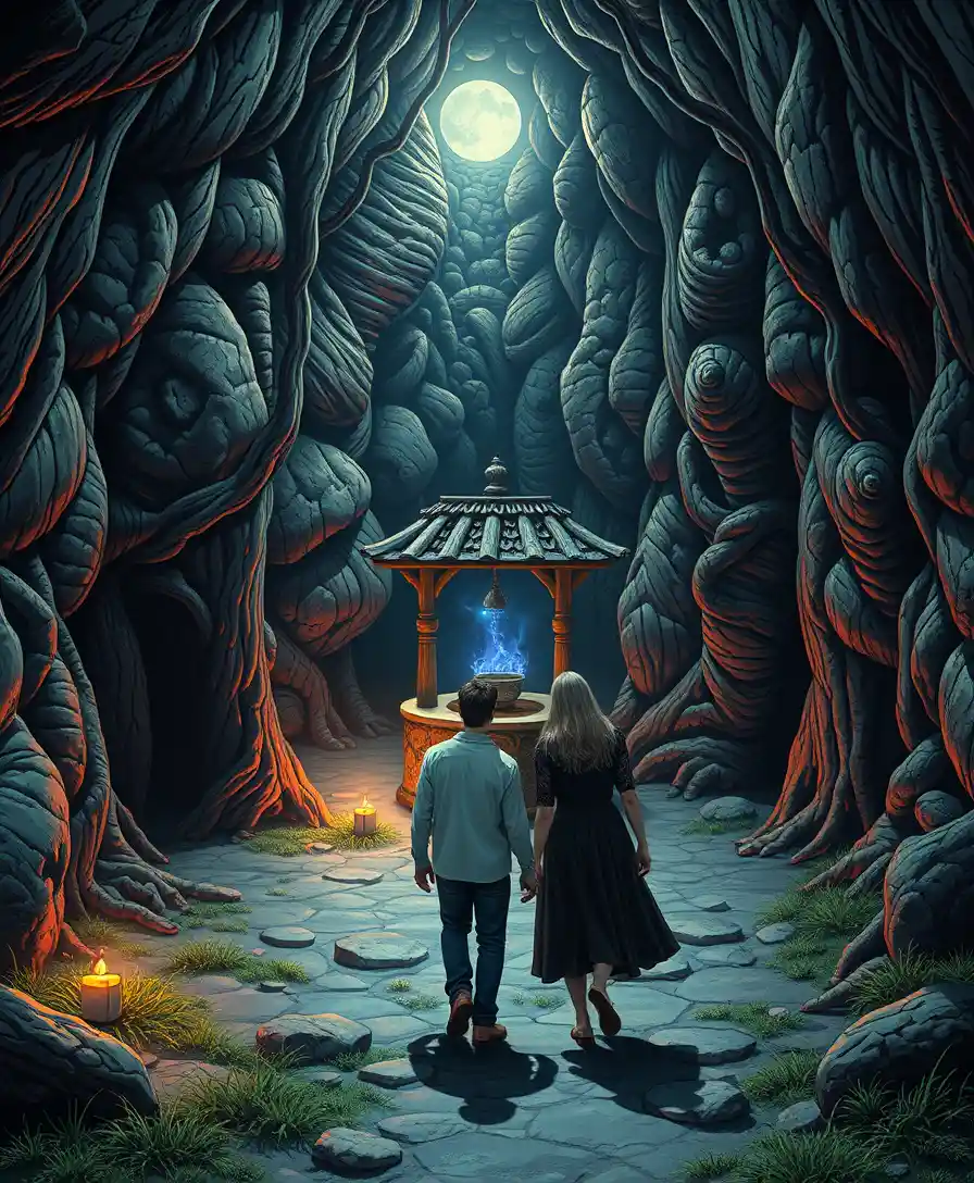 Surreal couple walking through twilight fantasy toward wishing well