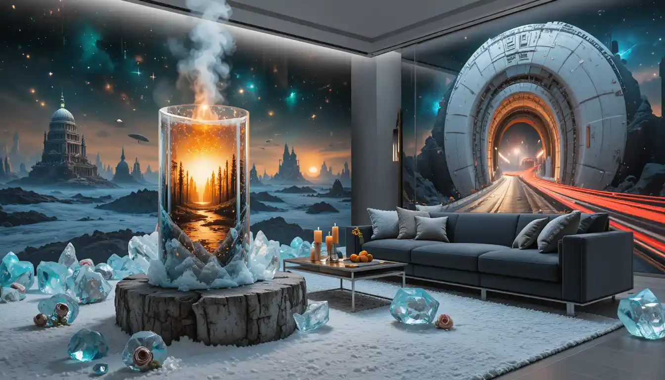 Transparent ice on snow beneath a surreal cosmic sky