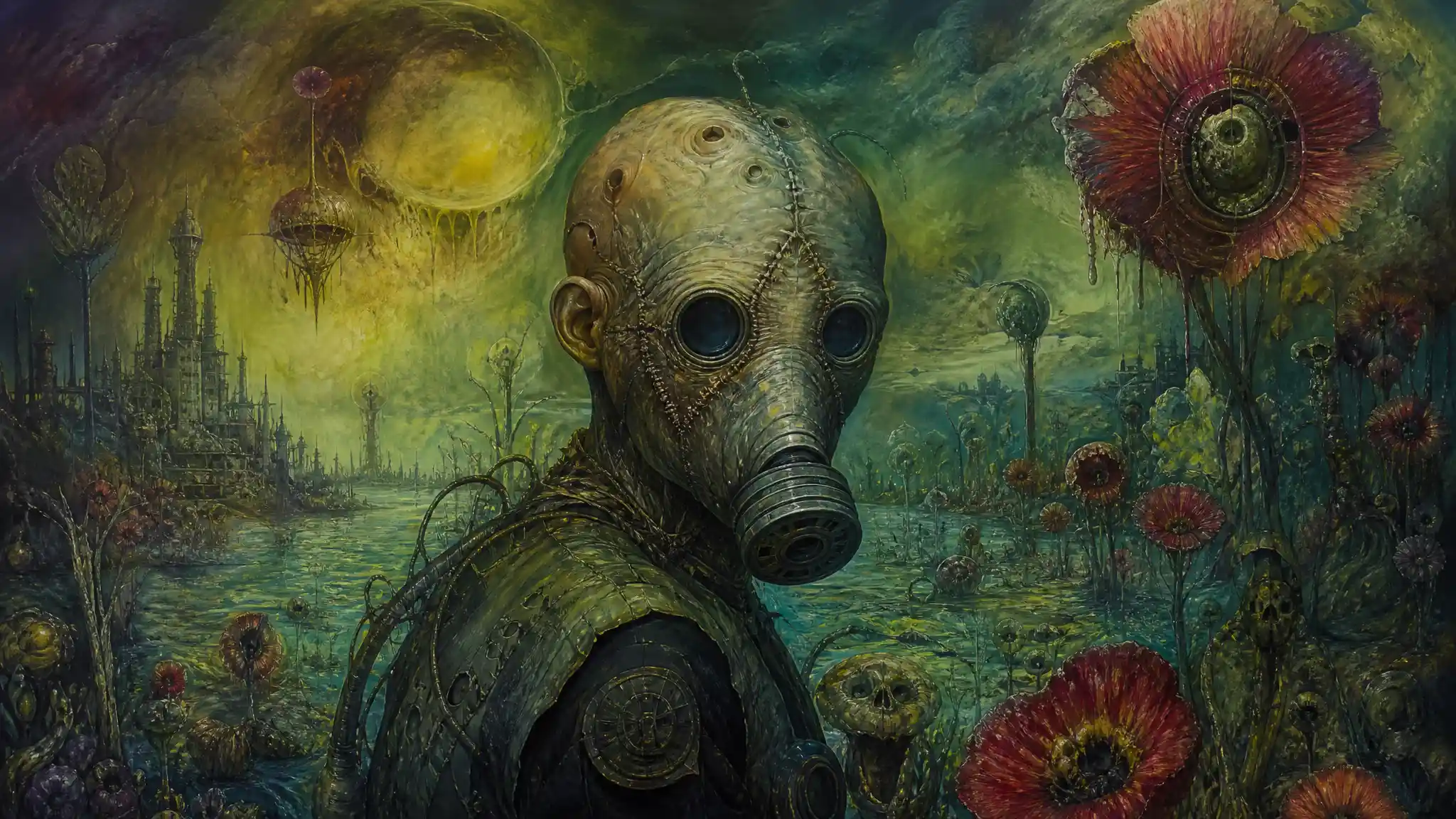 Surreal humanoid with gas mask in toxic dystopian landscape