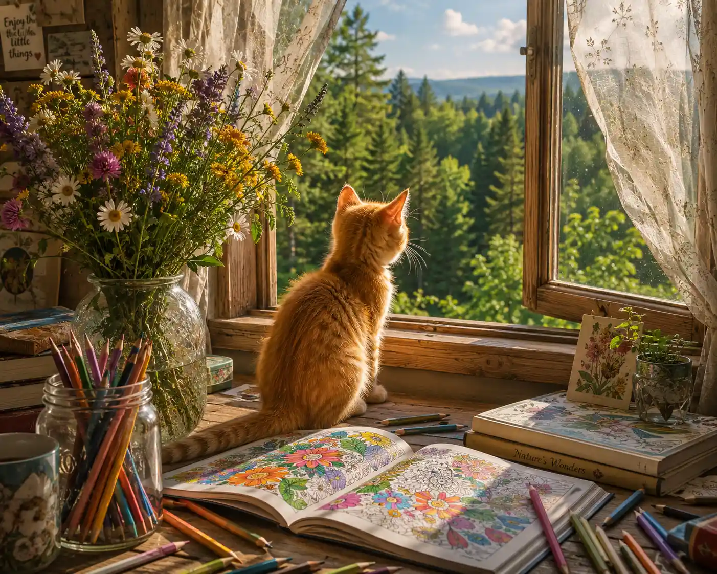 Orange kitten on a cluttered desk by a sunny window