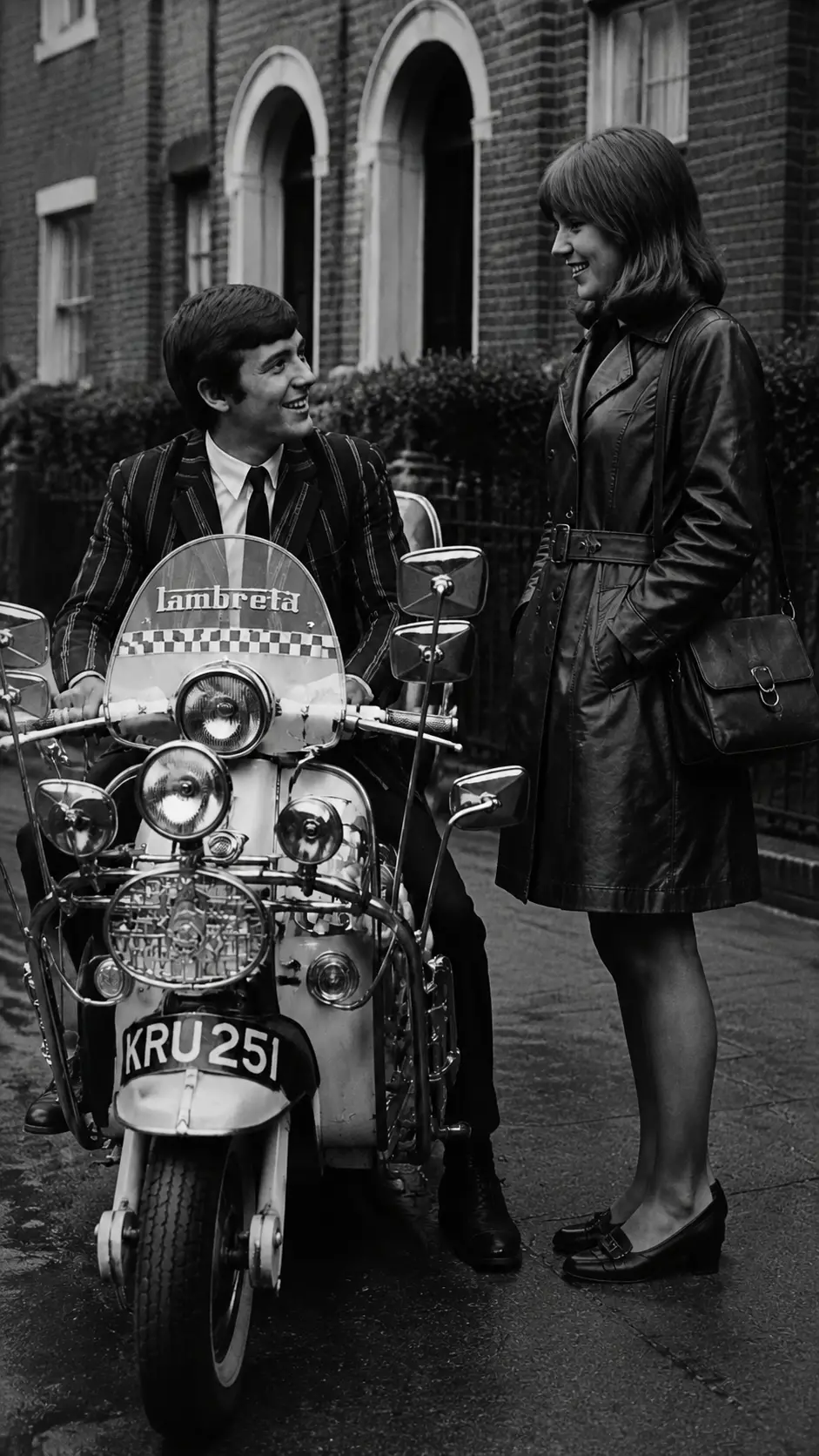 Young couple with Lambretta scooter on a vintage city street