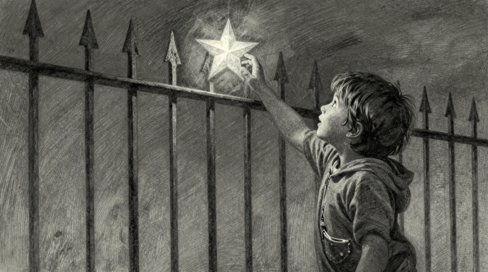 Boy reaching for a distant star beyond an iron fence
