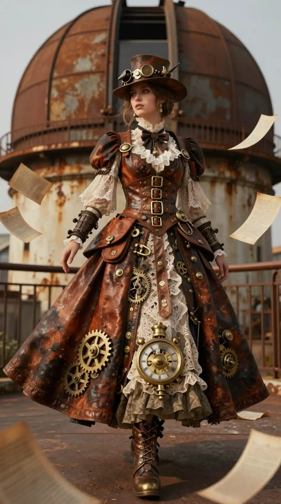 Steampunk fashion woman striding through grand rusted observatory