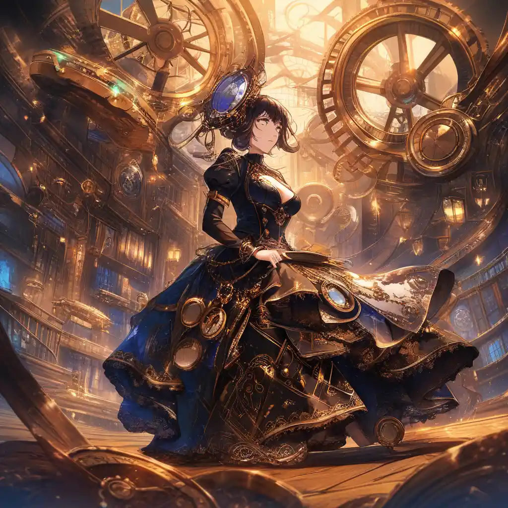 Steampunk airship captain and crew on a glowing time bridge
