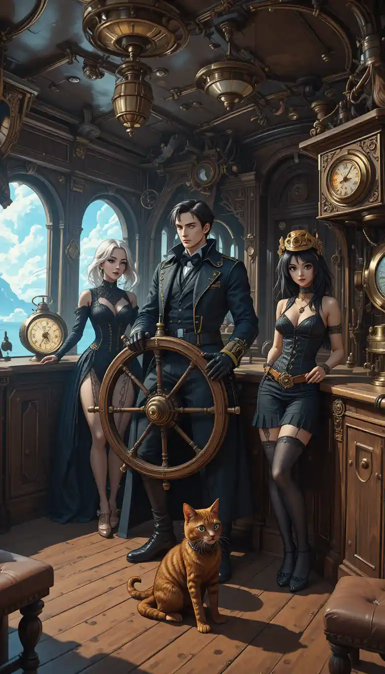 Steampunk airship bridge with captain crew and brass automaton