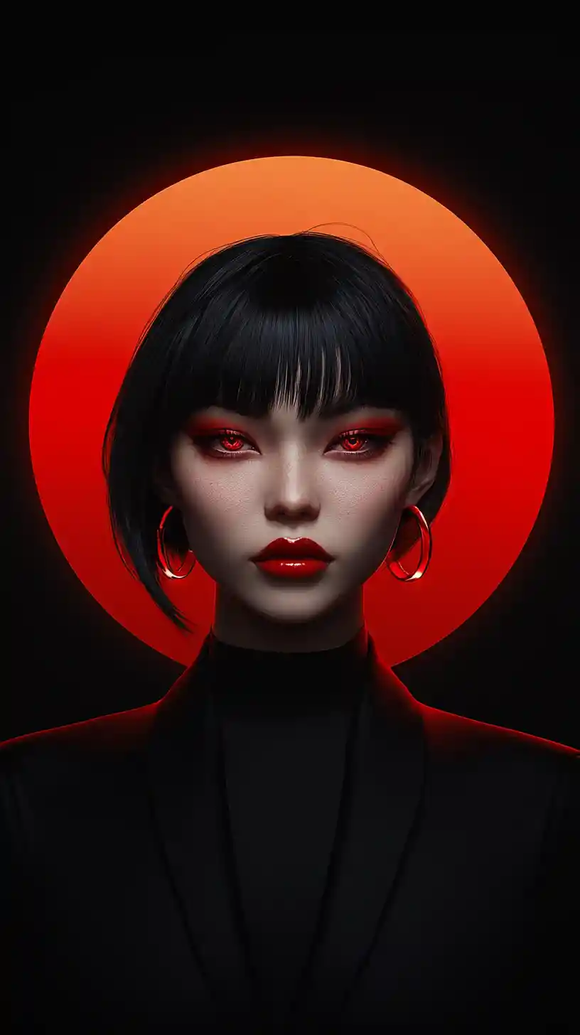 Woman with glowing red eyes before a radiant halo