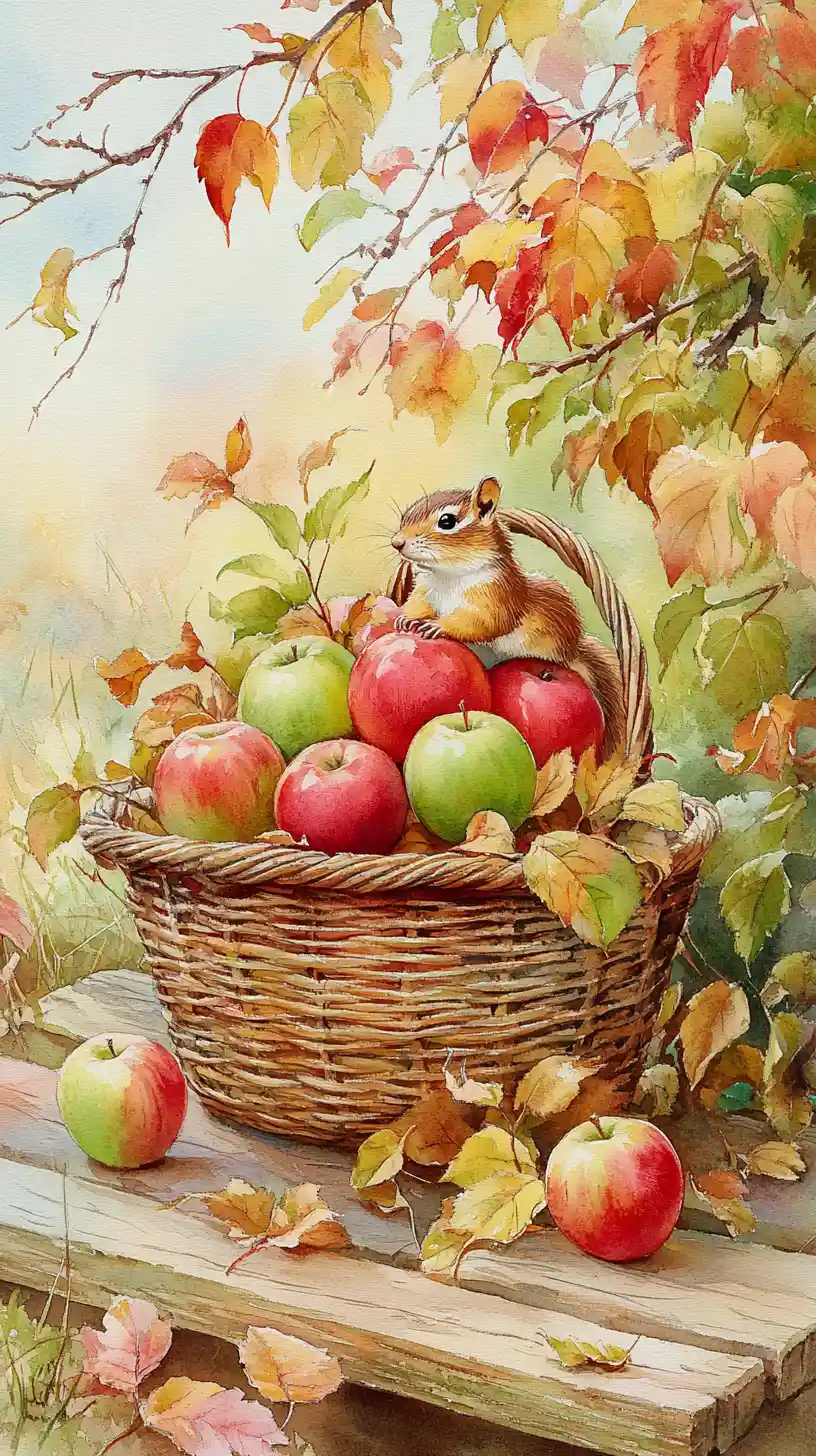 Chipmunk on apples in a wicker basket on meadow table