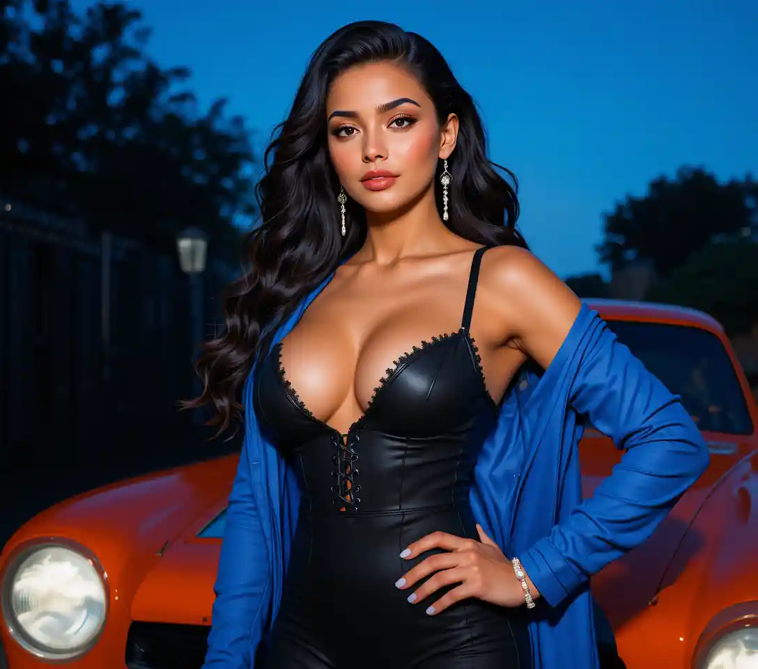 Confident woman posing by orange car at night