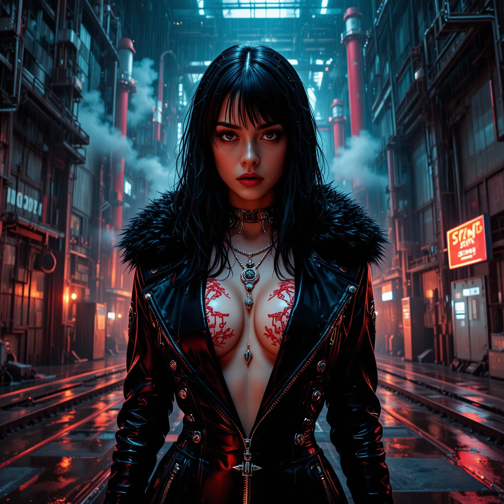 Cyberpunk femme fatale in rain soaked industrial refinery