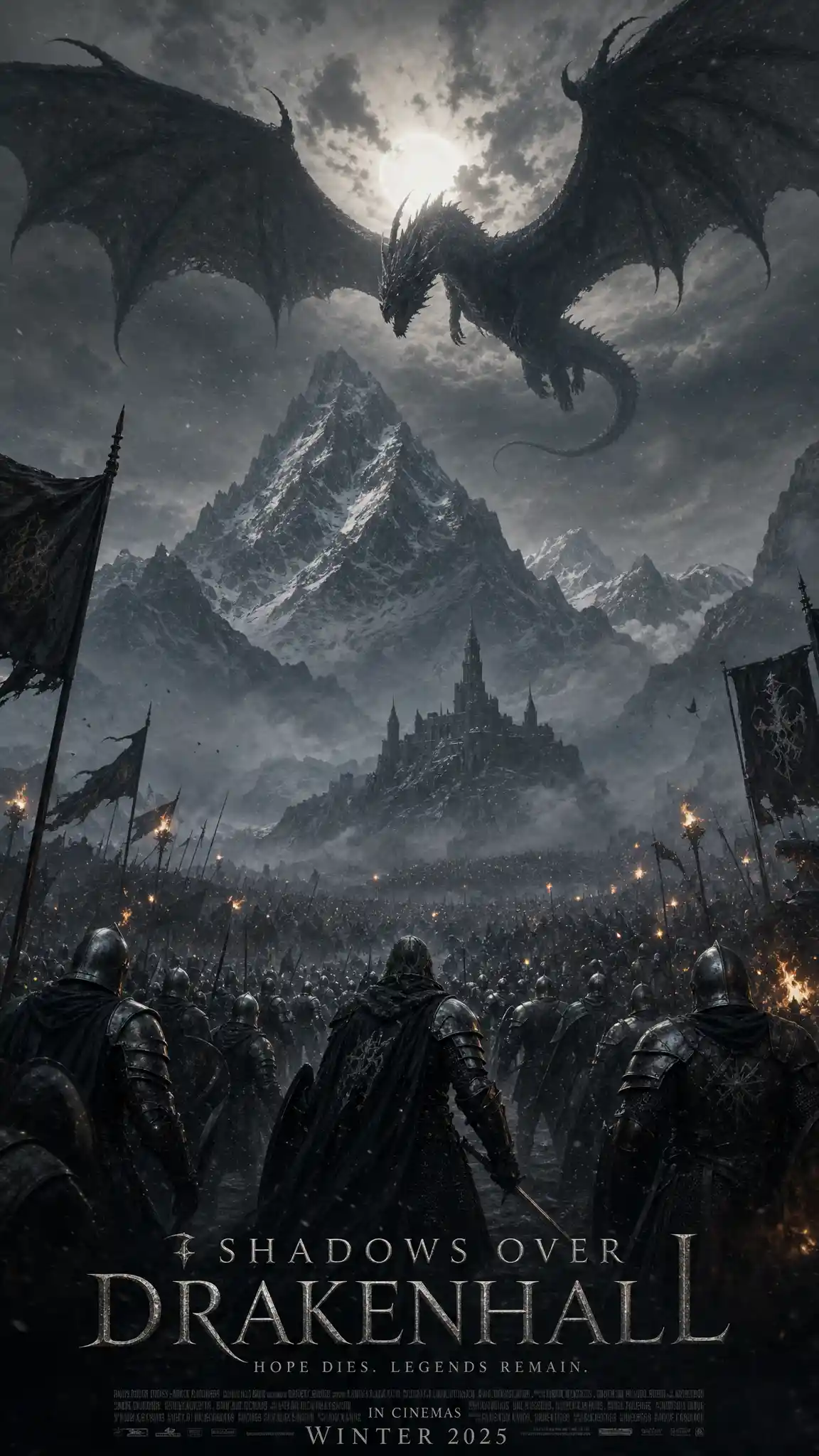 Massive fantasy armies clash beneath a circling black dragon