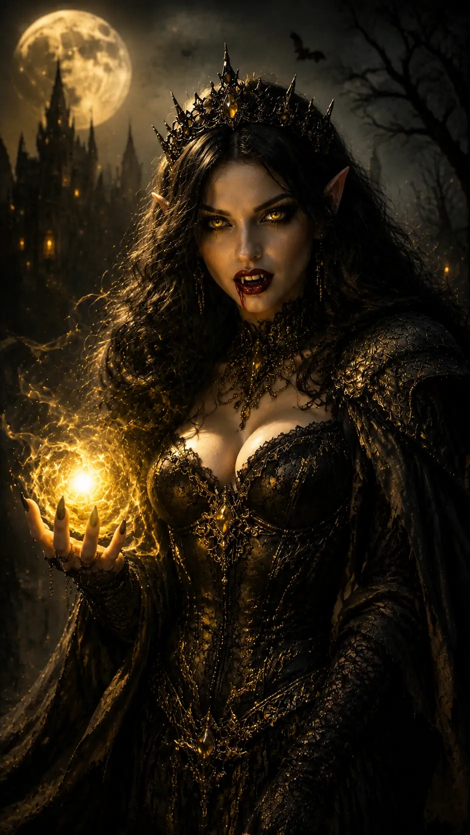 Dark elf queen with fiery orb before gothic castle
