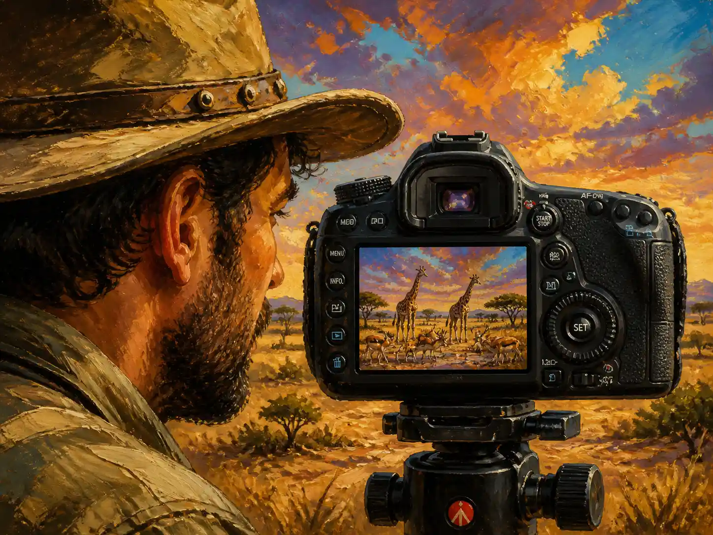 Close up photographer beside tripod camera with wildlife scene
