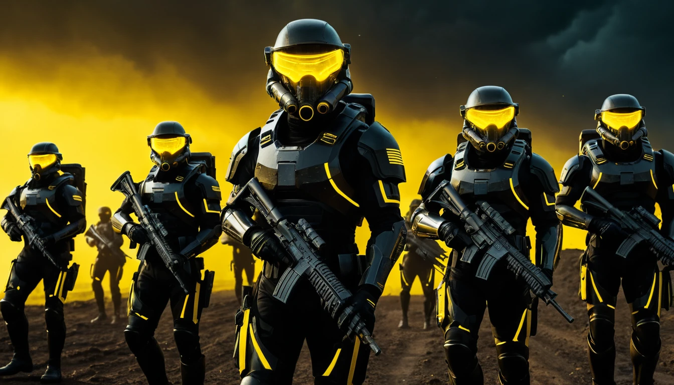 Futuristic army of soldiers marching on metal battlefield