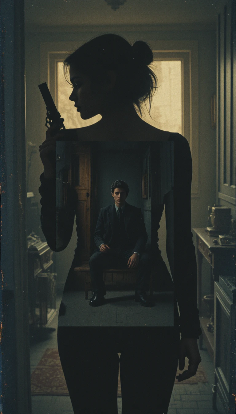 Double exposure profile of armed woman in silhouette