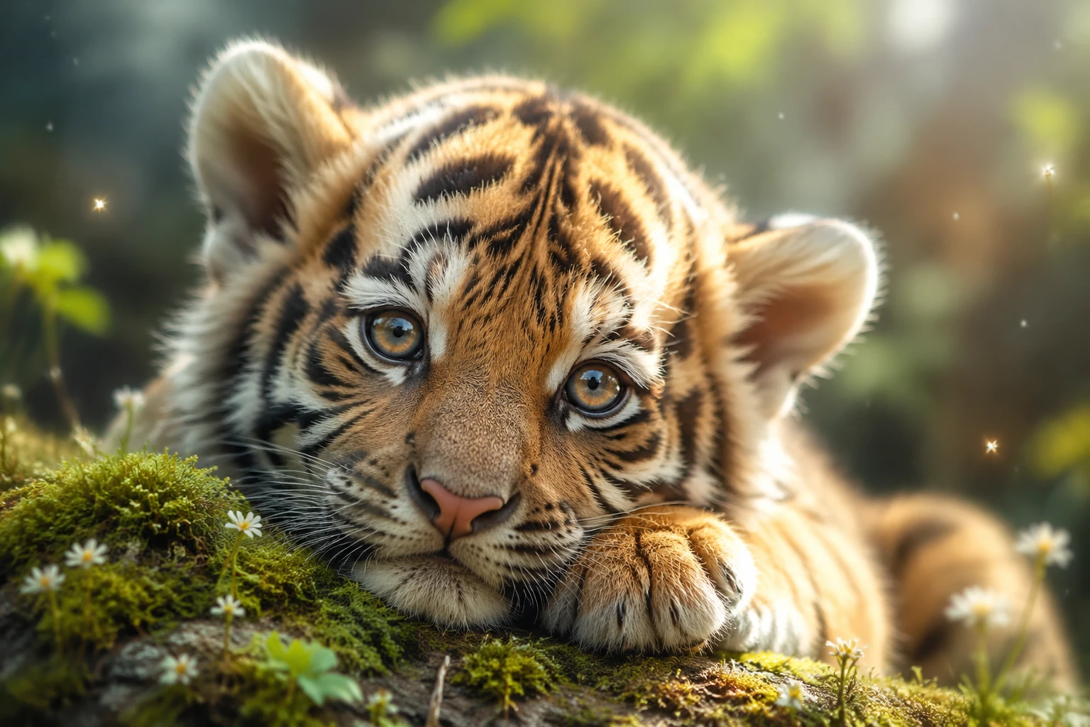 Adorable tiger cub resting on moss in gentle forest light