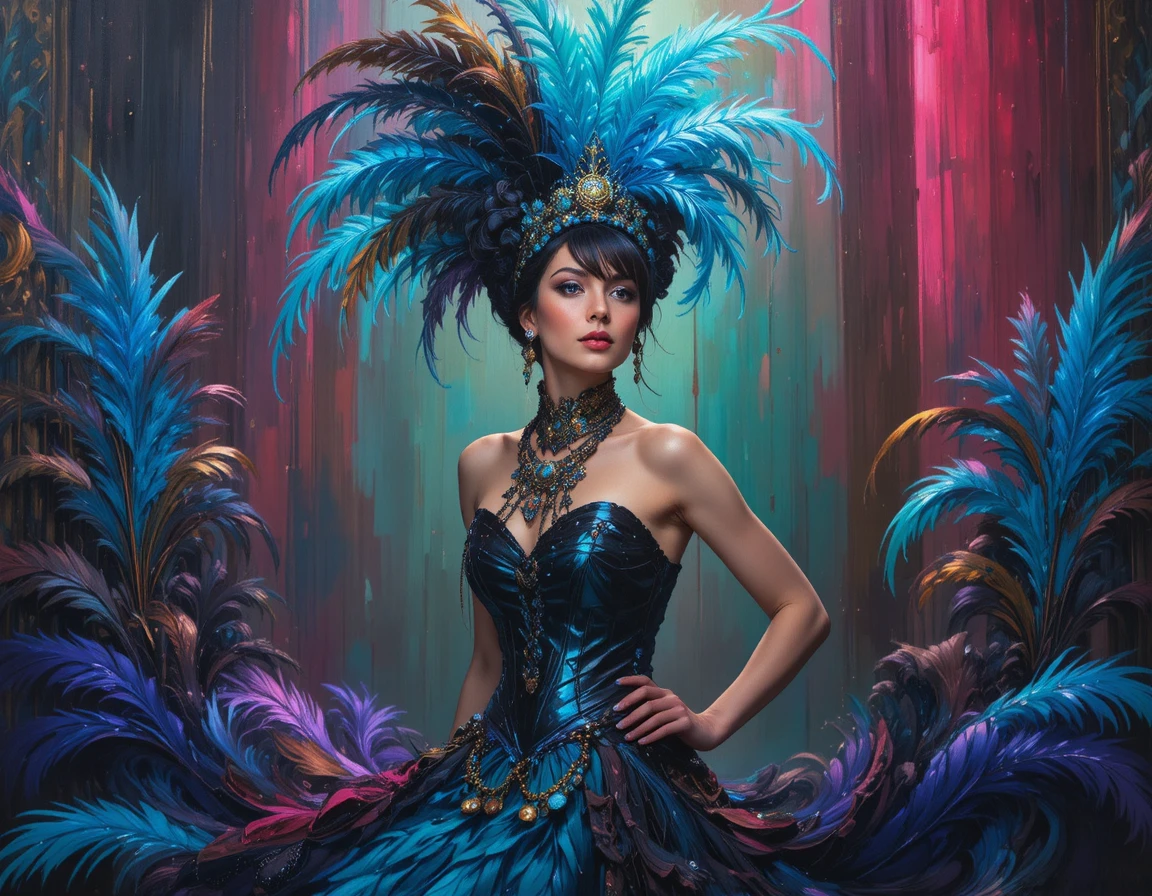Cabaret dancer in feathered headdress and leather harness