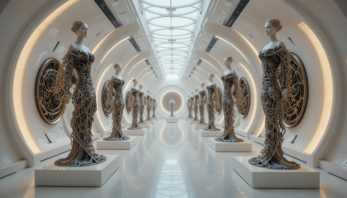 Futuristic gallery of abstract metallic sculptures with glowing walls
