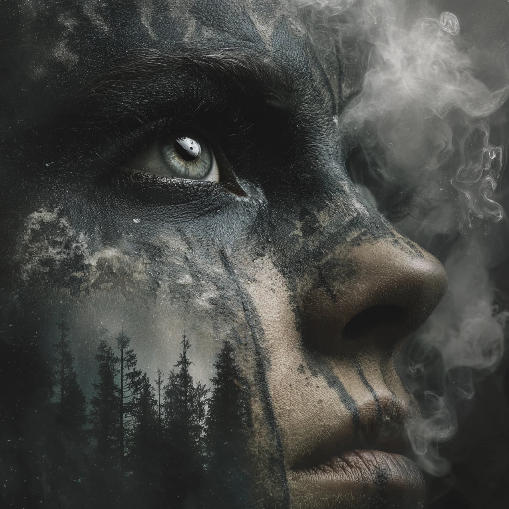 Sorrowful woman face in smoke and stormy pine forest