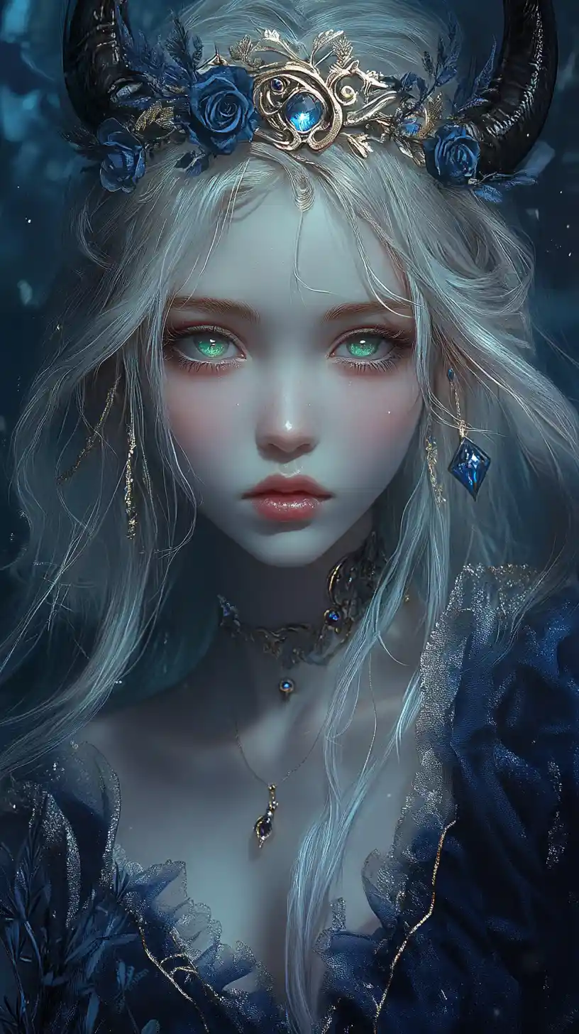 Demonic girl with horns in a twilight enchanted forest